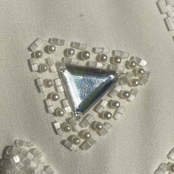 VTG Beaded Evening Jacket Heavily Embellished Winter White Pearl Triangle Sz 10 - Picture 8 of 16